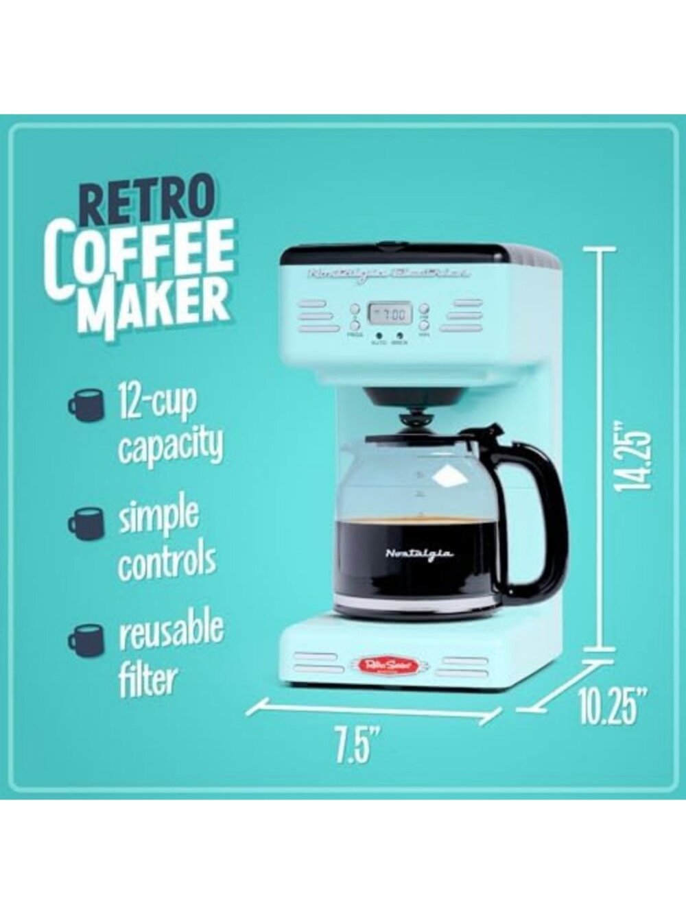 Retro 12-Cup Programmable Coffee Maker with LED Display, Auto Shut-Off & Keep - Picture 2 of 7